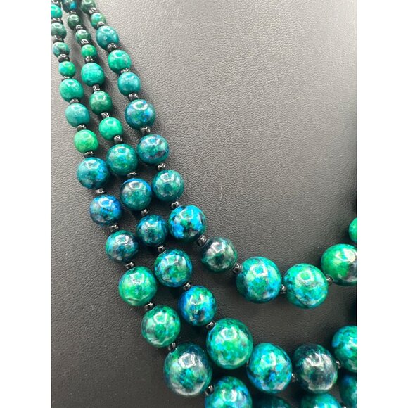Triple Strand Beaded 20" Necklace Azurite Malachite Composite Blue Green Stone - Picture 3 of 8